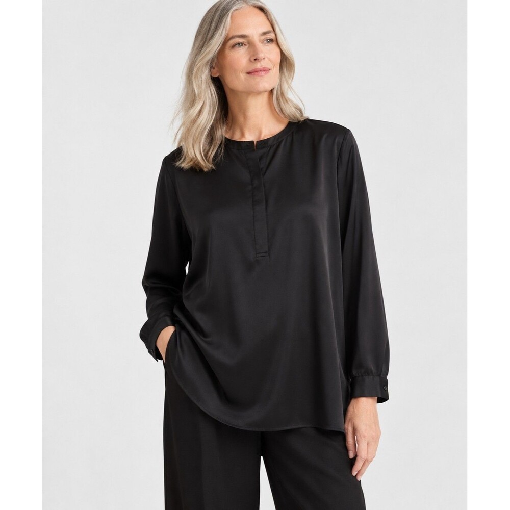 Eileen Fisher Black Satin Tunic Blouse XL Long Sleeve Recycled Polyester Minimal